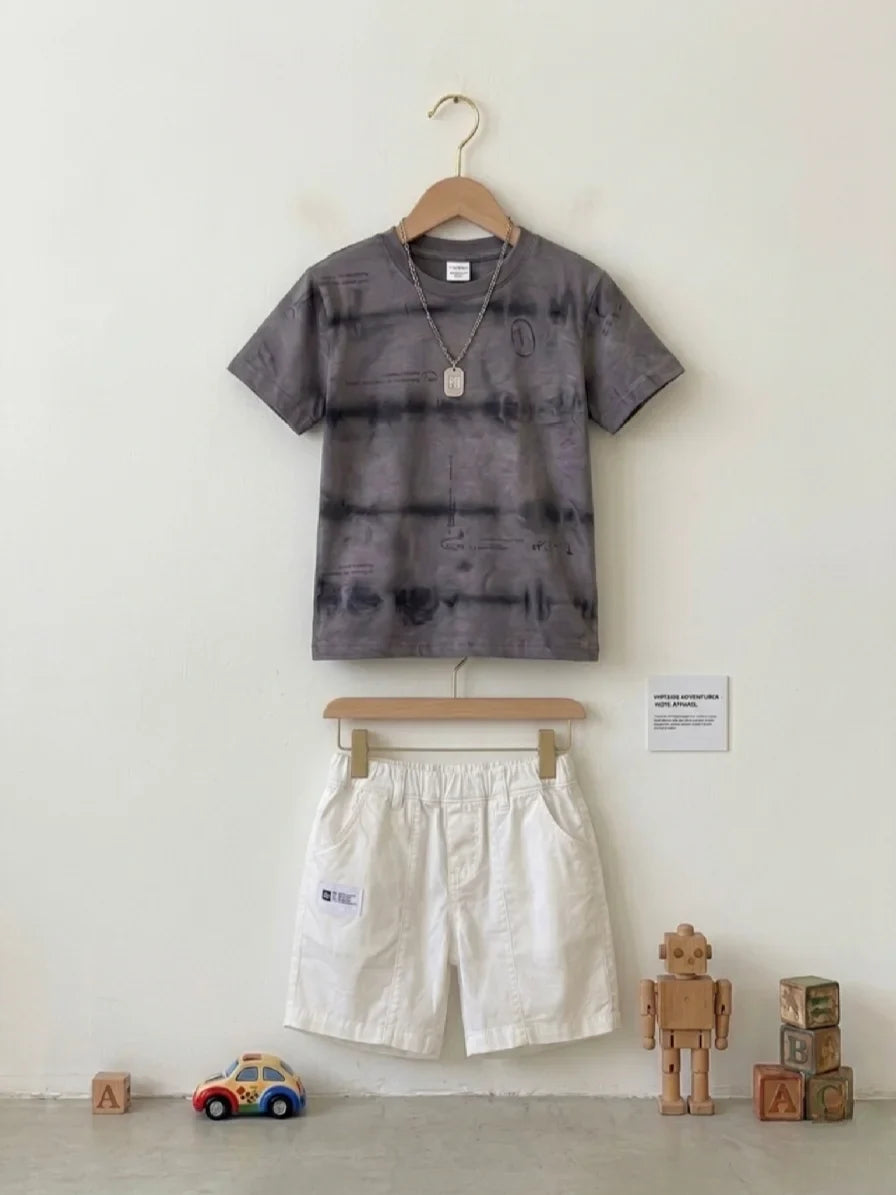 Charcoal Grey Tie-Dye & White Shorts Set | Urban Kids Fashion