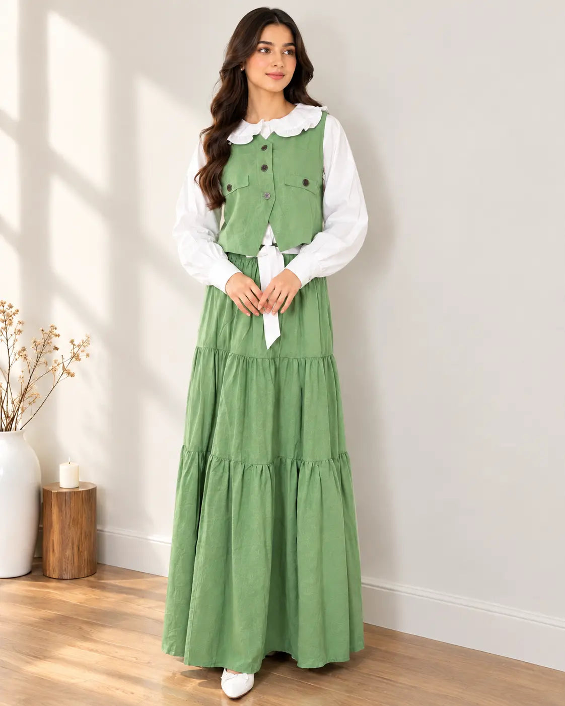 Sage Tiered Maxi Skirt Waistcoat for Women