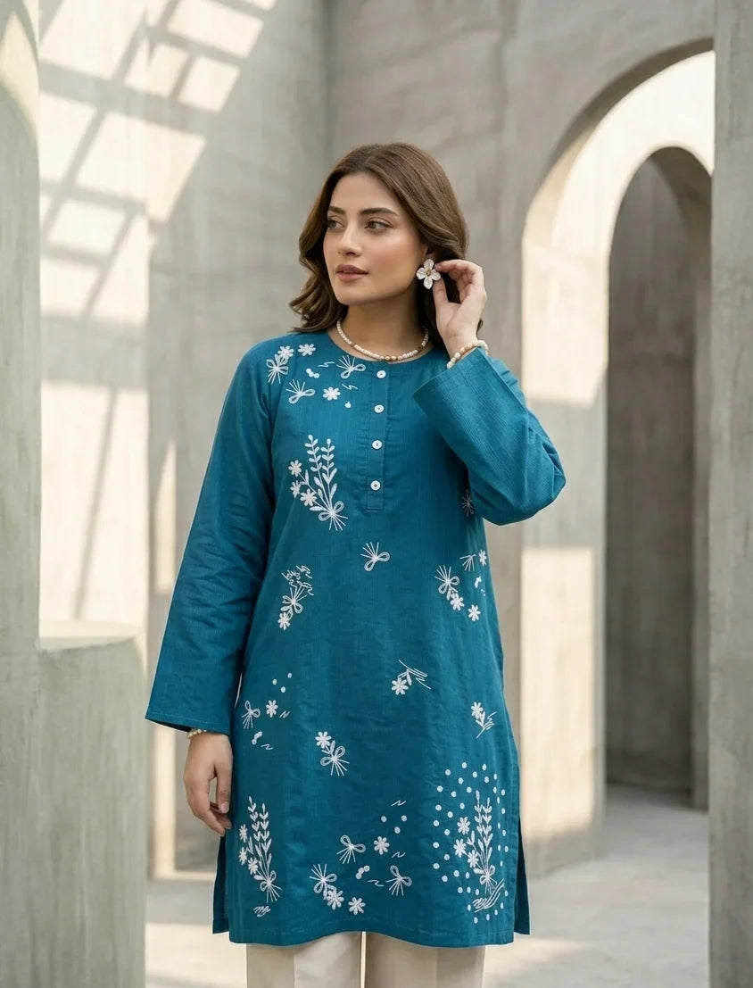 Teal Blue Embroidered Kurti Top