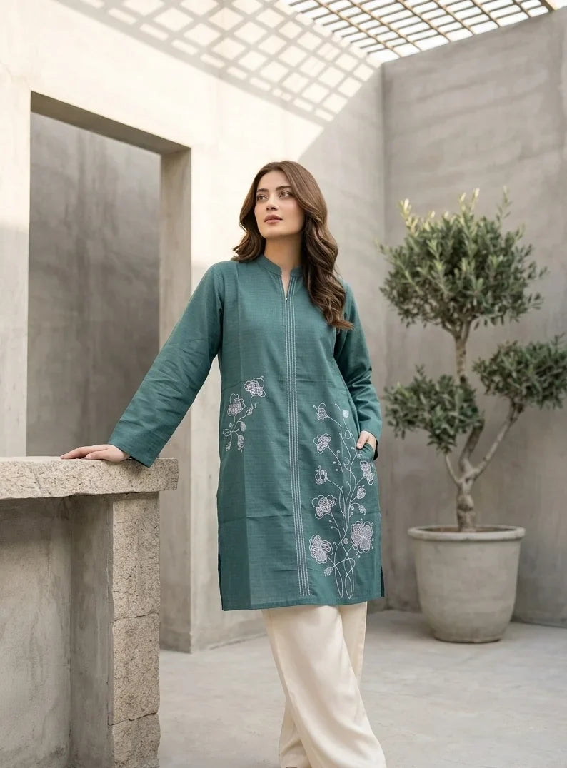 Teal Green Embroidered Kurti/Top