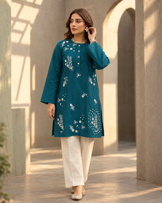 Teal Blue Embroidered Kurti Top