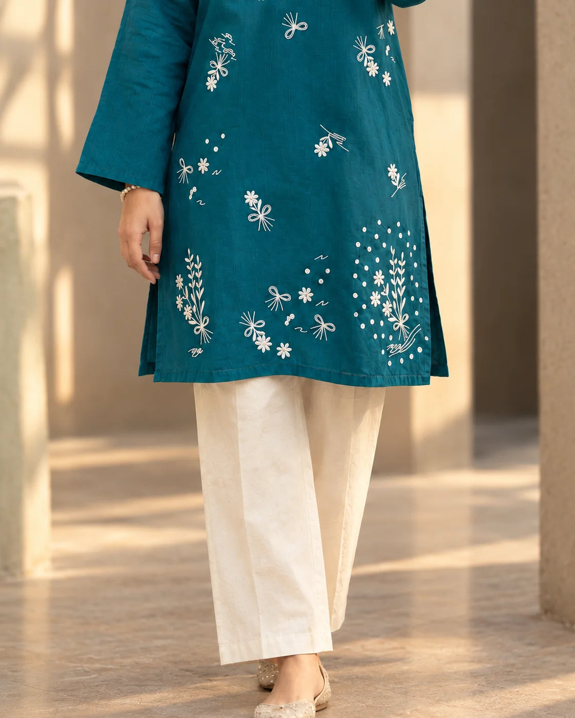 Teal Blue Embroidered Kurti Top