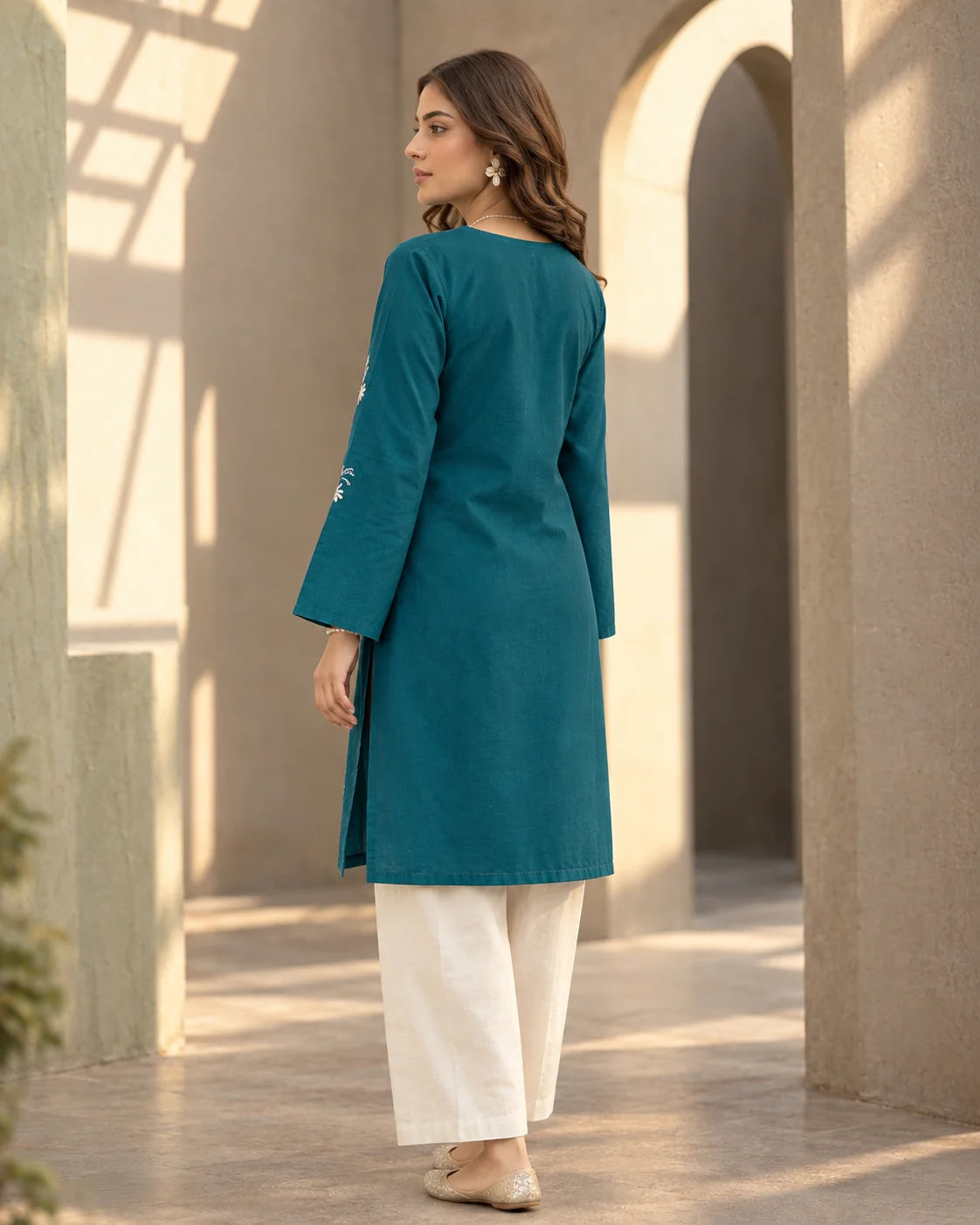 Teal Blue Embroidered Kurti Top