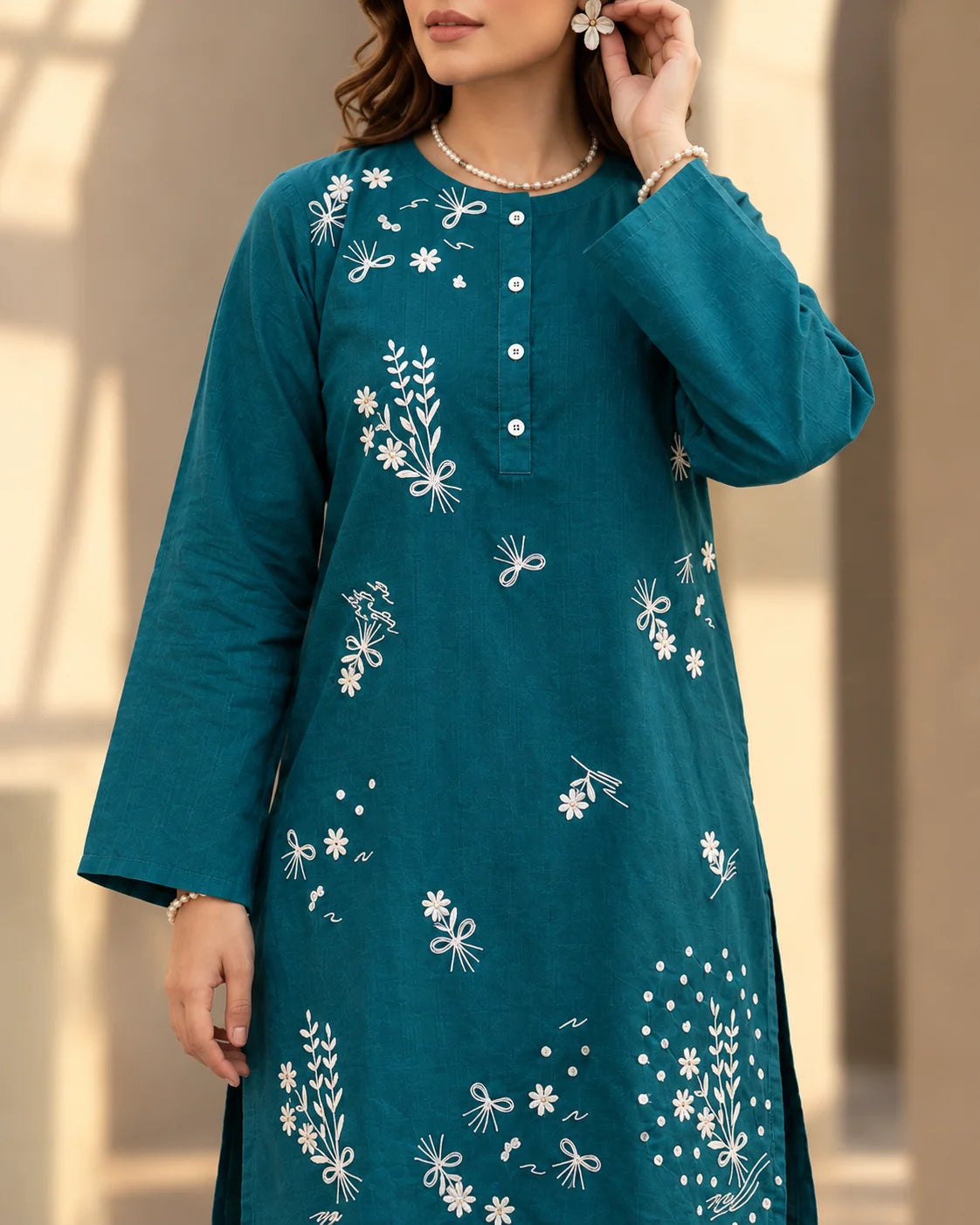 Teal Blue Embroidered Kurti Top