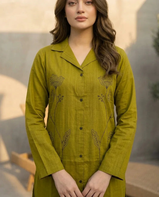 Olive Green Embroidered Top (Pret)