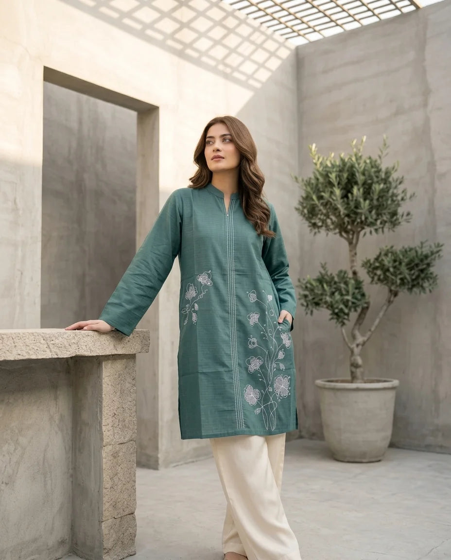 Teal Green Embroidered Kurti/Top