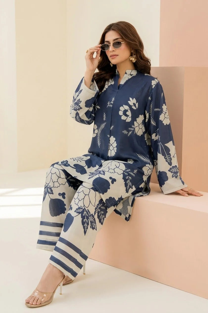 Navy Blue Floral Printed Grip Cord Set