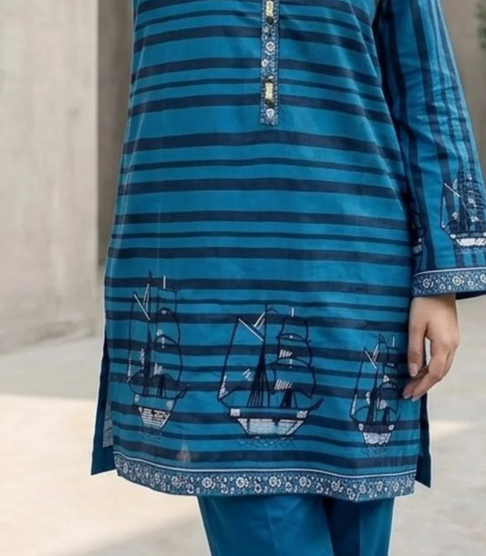 Ocean Voyage Embroidered 2-Piece Cotton Lawn Set