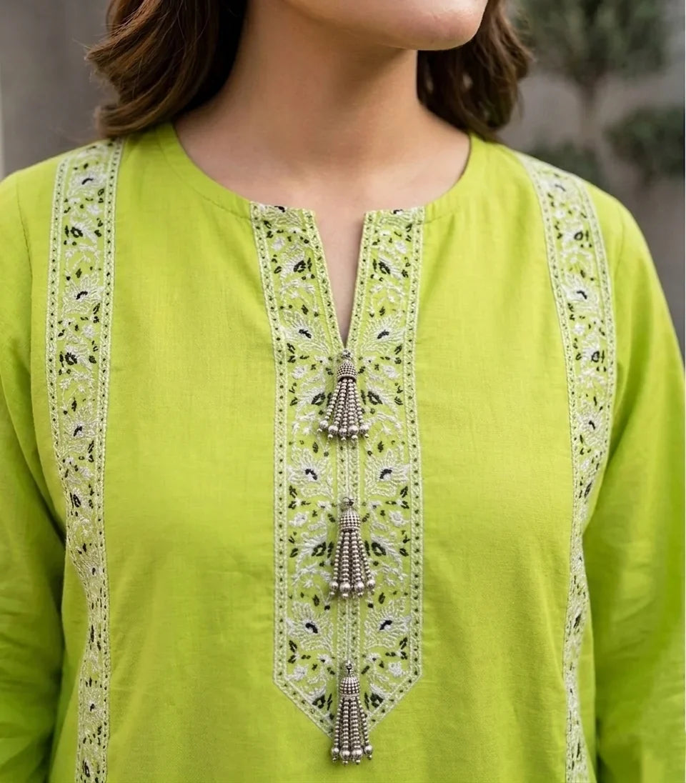 Lime Zest Embroidered Cotton Lawn Kurti