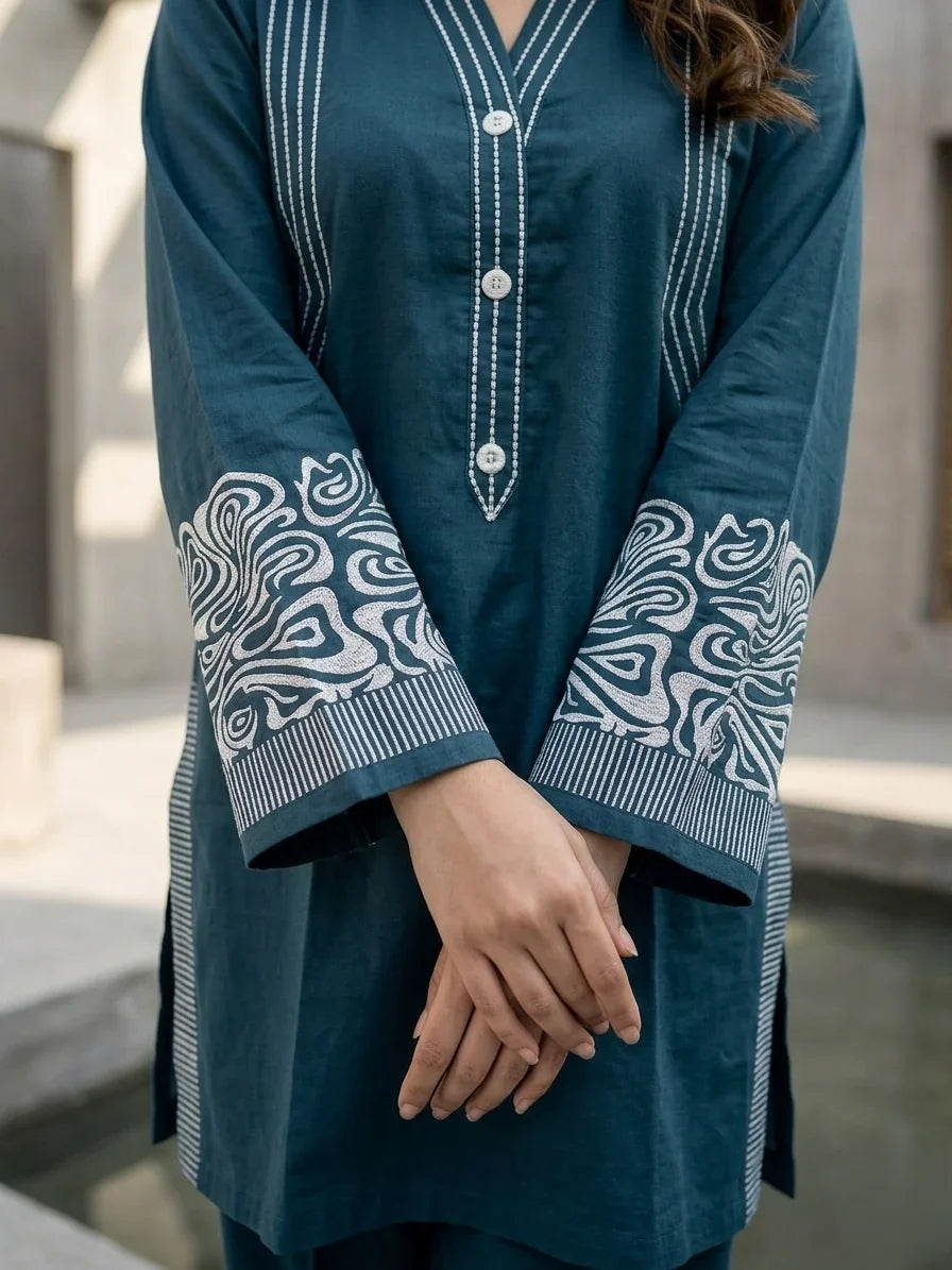 Deep Teal Horizon Embroidered 2-Piece Lawn Set