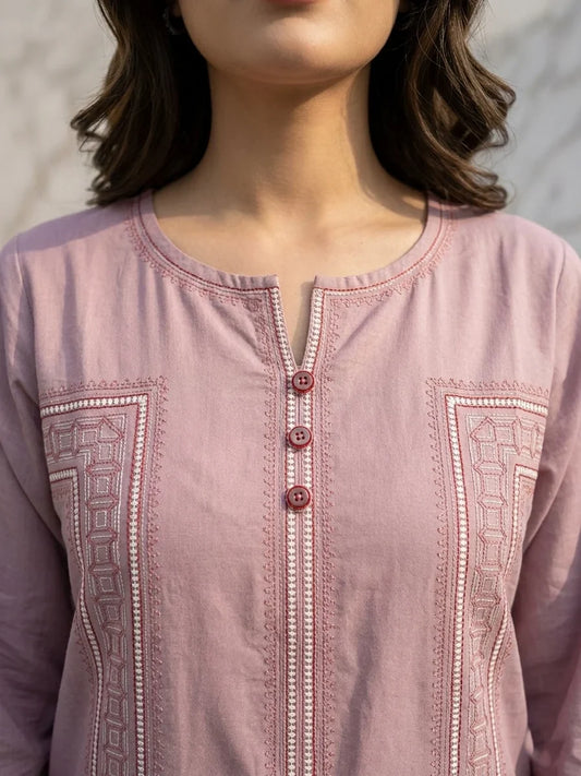 Mauve Orchid Embroidered Cotton Lawn Kurti
