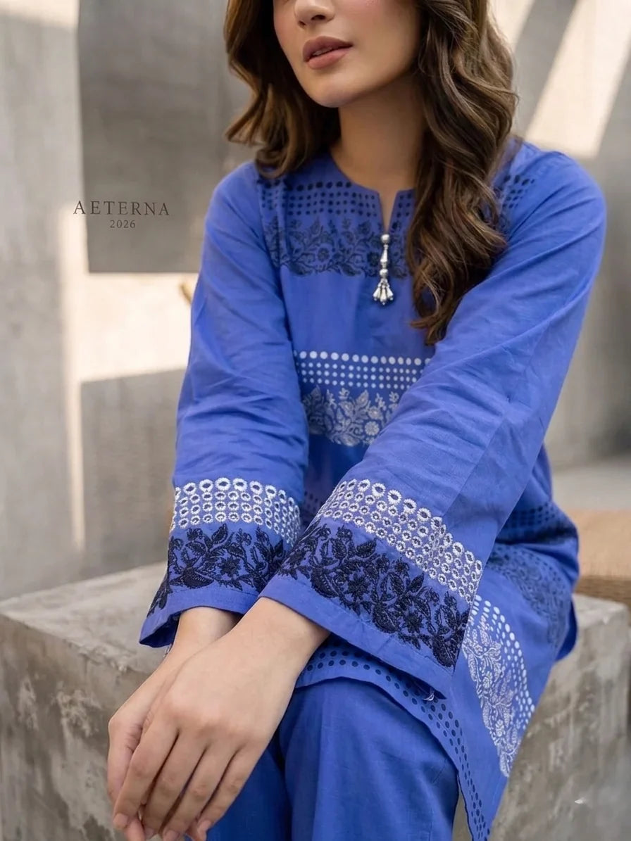 Royal Azure Embroidered Cotton Lawn Kurti