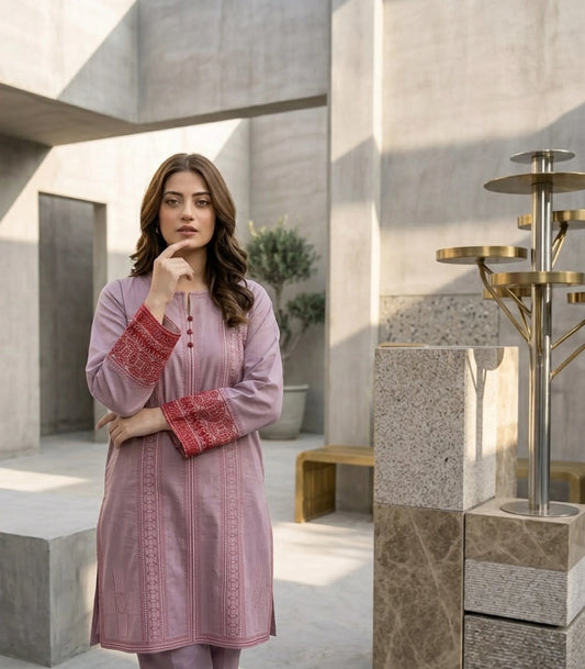 Mauve Orchid Embroidered Cotton Lawn Kurti