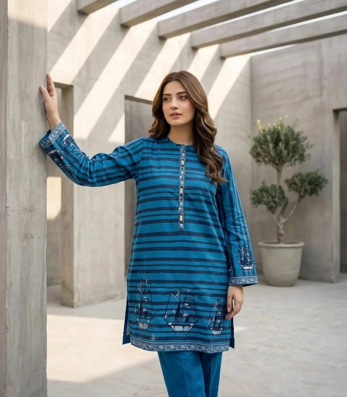 Ocean Voyage Embroidered 2-Piece Cotton Lawn Set