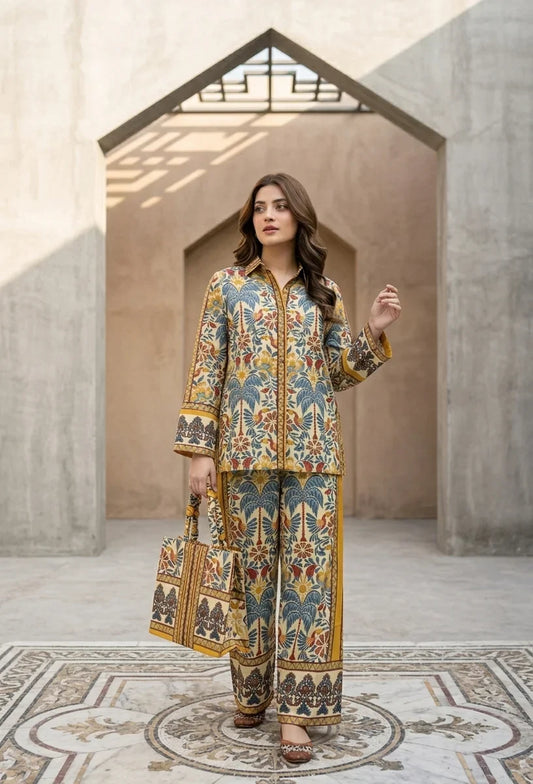 Printed Two-Piece Suit with Matching Bag Co-Ord Set