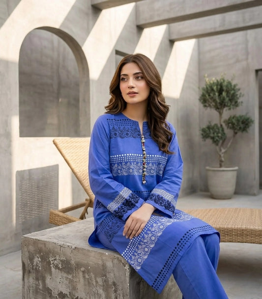 Royal Azure Embroidered Cotton Lawn Kurti