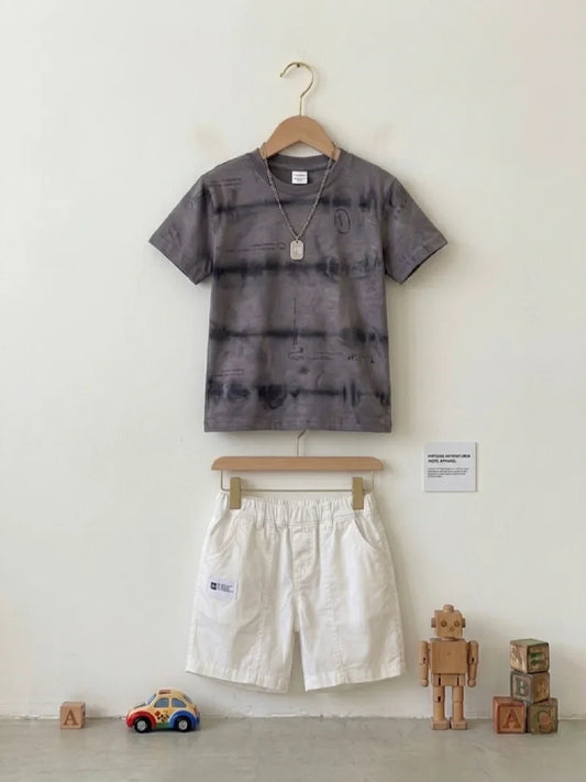 Charcoal Grey Tie-Dye & White Shorts Set | Urban Kids Fashion