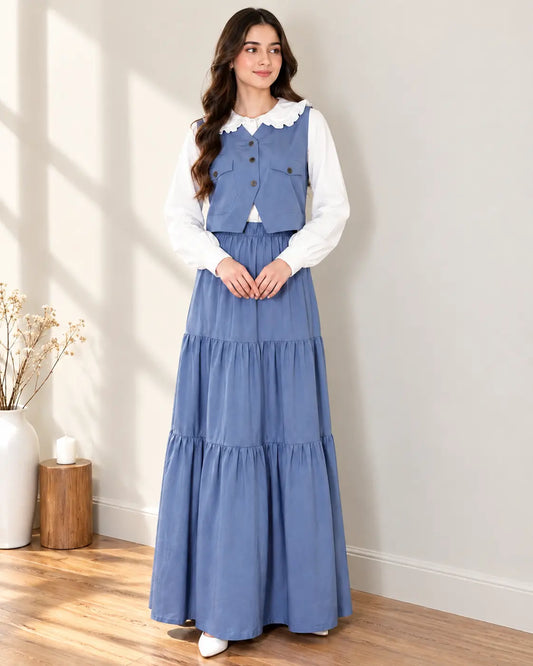 Dusty Blue Vintage Maxi Skirt Waistcoat