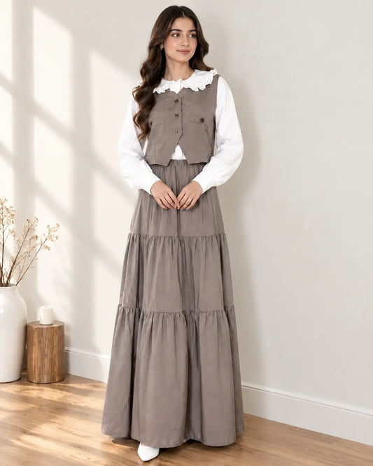 Taupe Tiered Maxi Skirt Waistcoat