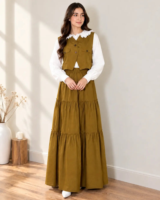 Vintage Olive Maxi Skirt & Waistcoat